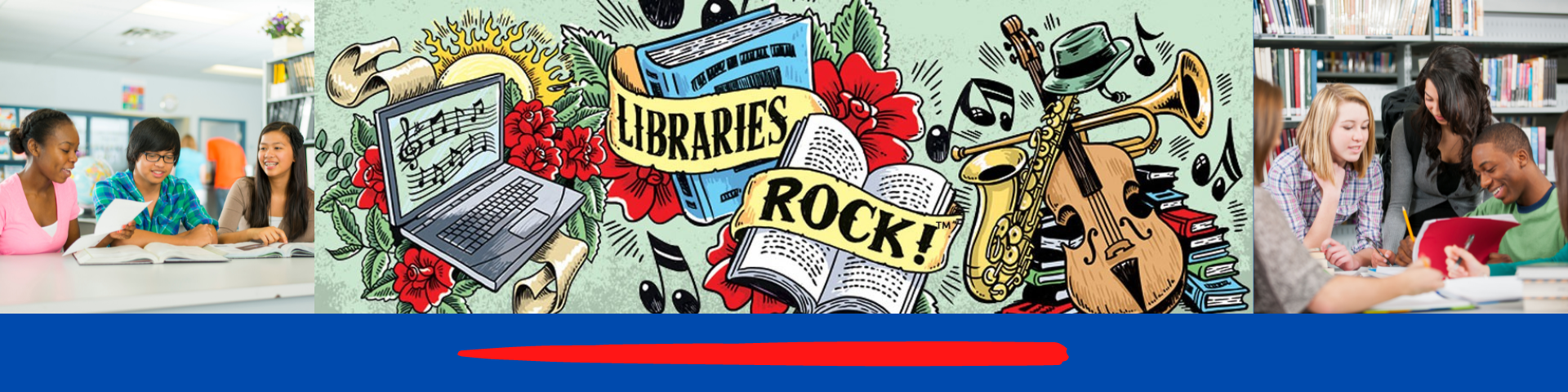 Libraries rock with books, saxaphone, bass, trumpet, music notes, laptop with music notes in tattoo style drawing icons