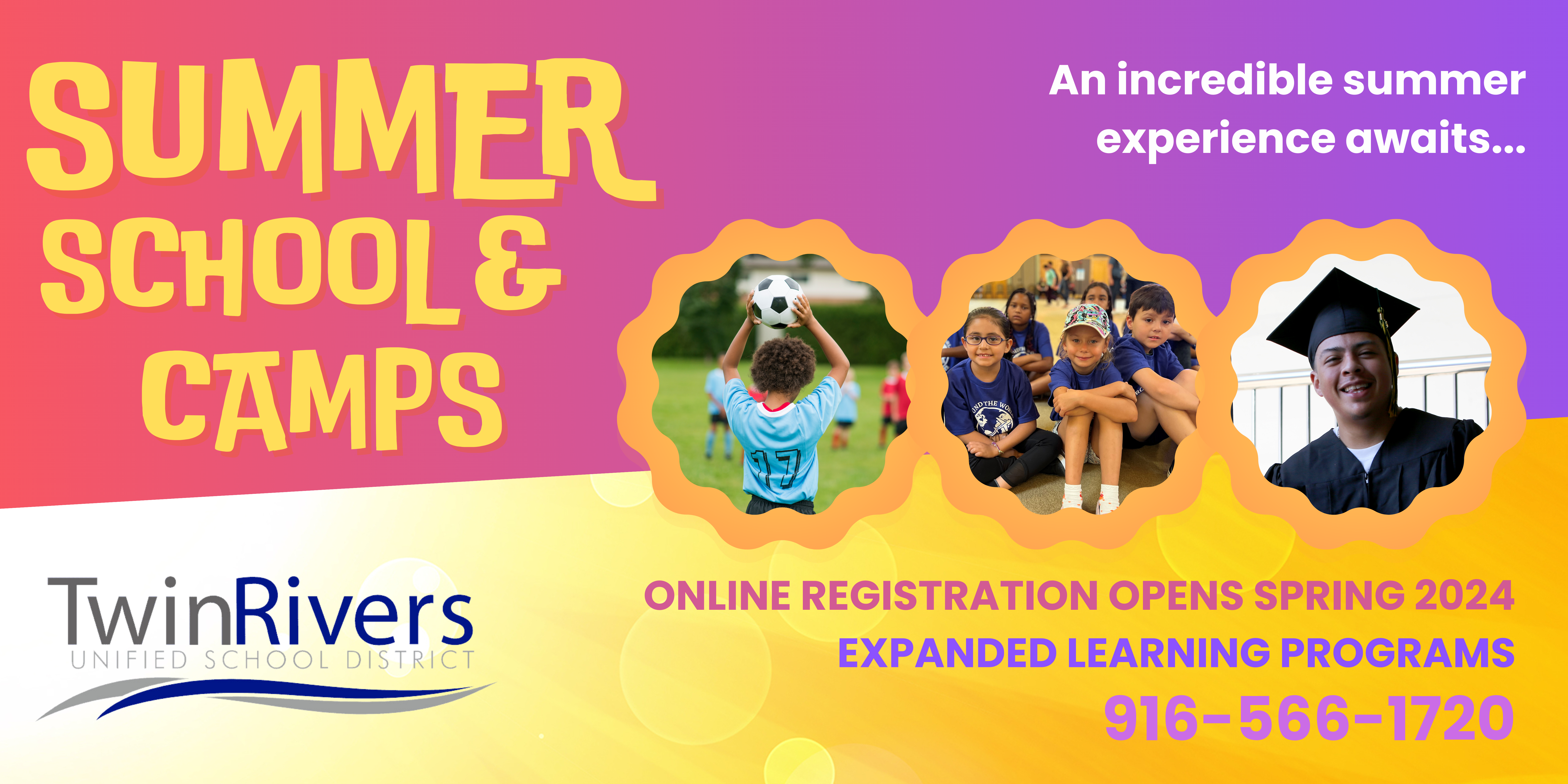 Summer school camps, twin rivers logo, information that is below, click to register