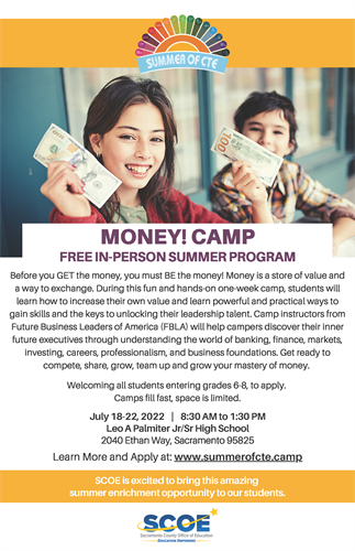 SCOE Money camp info girl and boy holding money, text info above and below